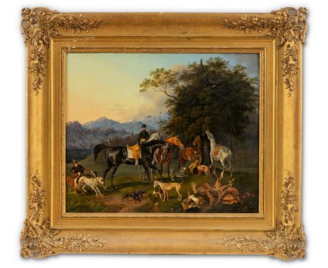 Stotz, Otto  (Ludwigsburg, Wien 1805-1873) Nach der Jagd  Jäger mit ihren Pferden, Hunden und erlegtem Wild unter einem Baum 
