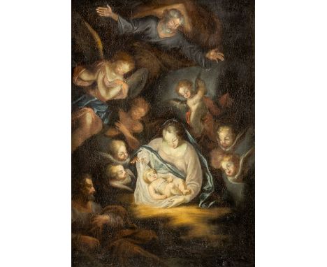 Unbekannter Maler  (Nach einem Vorbild des 18. Jh.) Anbetung des Kindes in Engelsglorie  Gottvater im Himmel. Lwd. (rep. Löch