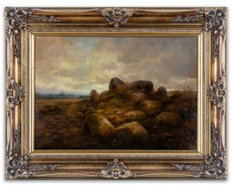 Blecher, Conrad (um 1851-1910) Findlinge mit Heidekraut  In der Ferne Kirchdorf. Sign. Öl auf Lwd. 47×67 cm. R. Beigegeben:  