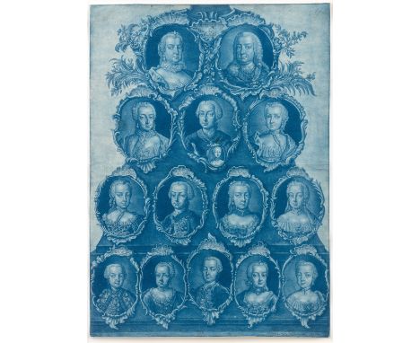 Kaiserin Maria Theresia und Gemahl Franz I Stephan mit ihre Kindern  18. Jh. 14 Porträtkartuschen pyramidenförmig angeordnet.