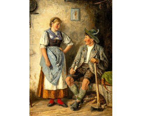 Felgentreff, Paul  (Potsdam, München 1854-1933) Junges Bauernpaar in der Stube  Sign. u. dat. 1891. Öl auf Lwd., auf Karton a