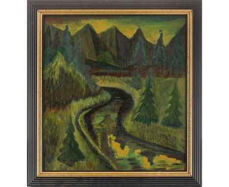 Hertzer, Else (Wittenberg, Berlin 1884-1978) Dalmatinische Berglandschaft mit gewundenem Fluss und Tannen  Malkarton. 54×50 c