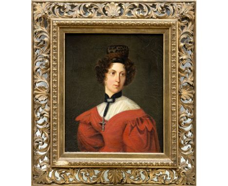 Porträtmaler (um 1825) Zwei Bildnisse eines Ehepaares  Sie in rotem Kleid mit weißer Bluse, um den Hals schwarzes Samtband mi
