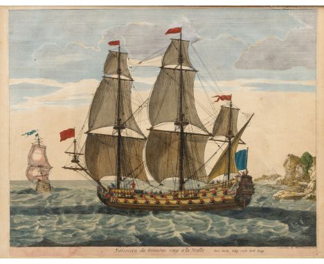 "Vaisseau du troisiême rang a la voille"  Große Ansicht eines Kriegsschiffs unter vollen Segeln. Farbige Radierung. Verlegt b