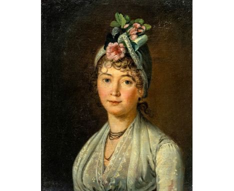 Porträtmaler (19. Jh.)  Junge Frau in hellem Chemisenkleid   mit eng anliegender blumengeschmückter Haube. Öl auf Lwd. (doubl