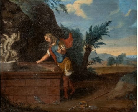 Italienischer Maler  (18. Jh.) Narziss am Brunnen  Speer und Horn auf dem Boden abgelegt, schaut Narziss ins Wasser des recht