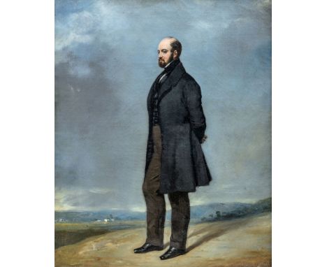 Porträtmaler (um 1860) Bildnis eines eleganten, bärtigen Herren im Gehrock vor weiter Landschaft  Öl auf Lwd. 45,5×37,5 cm. (