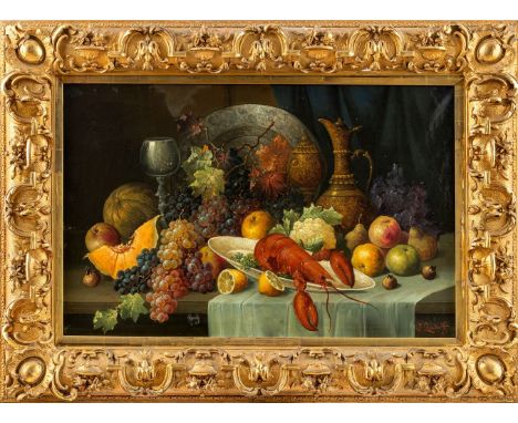 Lehndorff, J. (um 1900) Großes Stillleben mit Hummer auf Fayenceteller,   gold glänzenden Gefäßen und Silberschale inmitten v