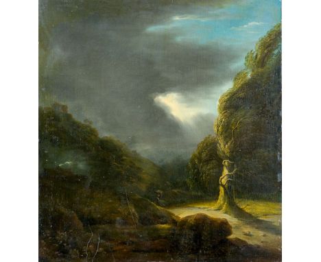 Romantischer Maler (um 1800) Gewittersturm über abendlicher Gebirgslandschaft  Letzte Sonnenstrahlen treffen eine Lichtung mi