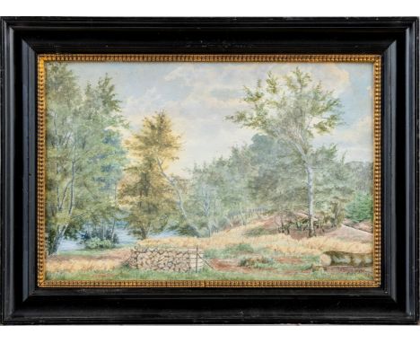 Wachenhusen, Friedrich (Schwerin 1859-1925) Bewaldete Uferlandschaft mit Holzstapel  Sign. u. dat. (18)99. Aquarell auf feste