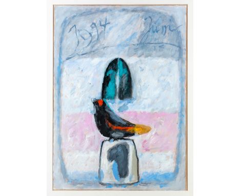 Laabs, Hans  (Treptow/Ostpommern, Berlin 1915-2004) Vogel vor Fenster  Sign. u. dat. Juni 1994. Mischtechnik auf festem Papie