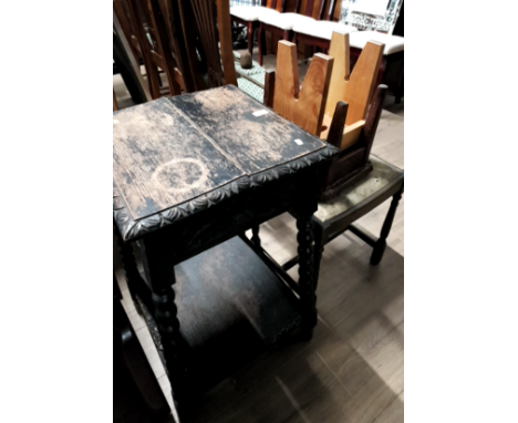 HEAVILY CARVED OAK TABLE WITH BOBBIN LEGS AND 3 STOOLS