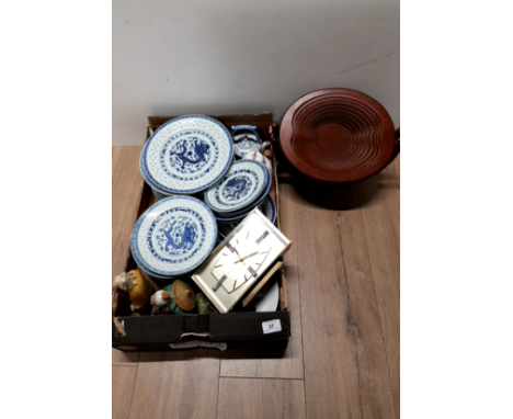 A BOX OF BLUE AND WHITE TEA WARE A CLOCK AND FIGURINES ETC