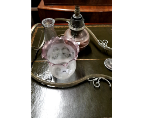 A CONVERTED HANGING COPPER AND BRASS OIL LAMP AND SHADES