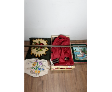 BOX OF SOFT GOODS INCLUDING CURTAINS ETC