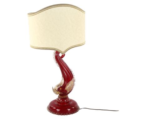 A Murano handmade red/clear glass gurgle fish design table lamp, mid-20th century, with shade, overall height including shade