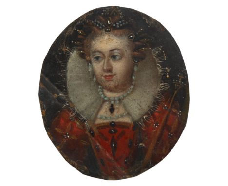 17th /18th century miniature oil on copper, portrait of a lady wearing pearl set jewellery and a ruff, unsigned, height 7cm 