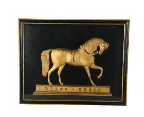 19th century gilt-bronze relief cast sculpture of the circus performing horse Black Eagle, mounted in cabinet frame, overall 