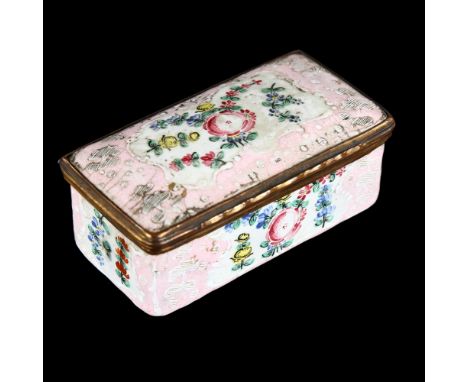 An 18th century rectangular enamel box, with hand painted decoration, length 9cm 
