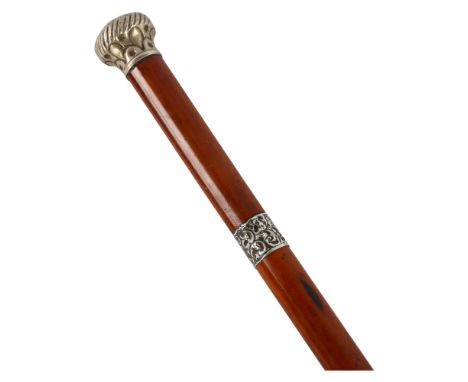 19th century Malacca sword stick, unmarked white metal top with hallmarked silver ferrule, Birmingham 1895, length 85cm, blad