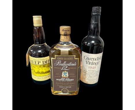 Two Bottles Of Scotch Whiskey &amp; One Wine Liqueur. A 5c bottle of Ballantines 12 Year Old Scotch Whiskey. A 75cl bottle of
