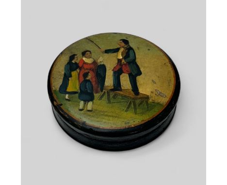 19th Century papier-mâché hand painted snuff box with man playing violin painted to lid. Diameter 8cm.