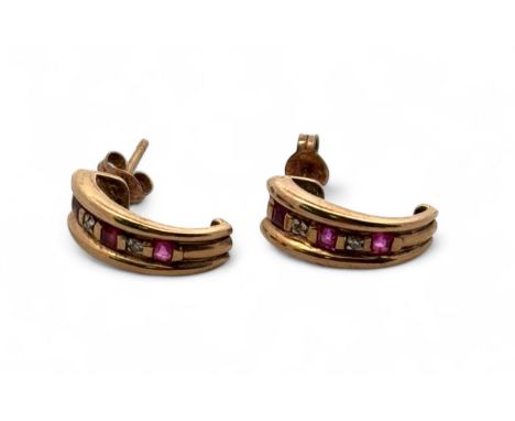 A pair of ruby and diamond C hoop earrings in unmarked gold (tests as 9ct using XRF).