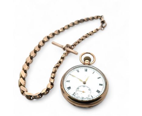 A 9ct gold 15 jewel open face pocket watch with white enamel dial and Roman numeral hour markers. Swiss made movement. Hallma