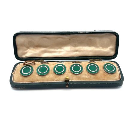A set of six silver and enamel buttons by Lawrence Emanuel, Birmingham 1909 in what appears to be the original box. Some of t