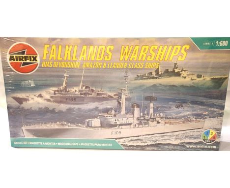 Airfix Falklands Warships three kit set; HMS Devonshire, Amazon and Leander ships, 1:600 scale, factory sealed. P&amp;P Group