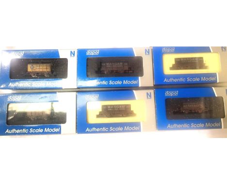 Six N gauge Dapol weathered wagons; Blue Circle, Gunpowder, Margam Mineral x3 and Ammanford, all in excellent condition, boxe