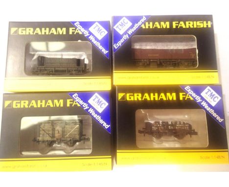 Four Farish/TMC weathered N gauge wagons; eight plank Coke rail, five plank Moody, Maroon horse box, 20T brake van, all in ex