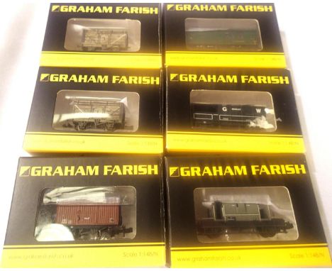 Six Farish N gauge wagons; seven plank, brake van, horse box etc mostly in excellent condition, boxed. P&amp;P Group 1 (£14+V