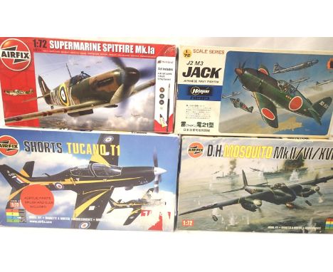 Three Airfix 1:72 scale Aircraft kits; Spitfire, Tucano and Mosquito and a Hasegawa M3 Jack, all appear complete, contents un
