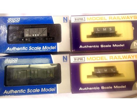 Four Dapol N gauge wagons; LMS seven plank x2, Gunpowder and CCT van, mostly good - excellent condition, some wrong boxes. P&