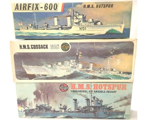 Three Airfix 1:600 scale ship kits; HMS Hotspur x2 and HMS Cossack, appear complete, contents unchecked. P&amp;P Group 1 (£14