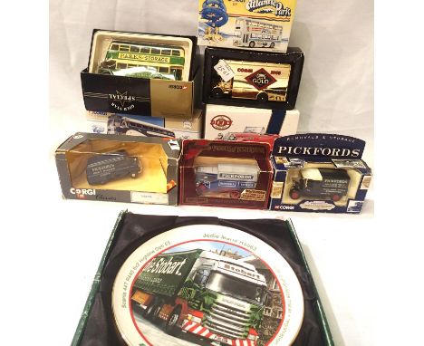 Eight boxed diecast vehicles; Corgi Classic buses and vans, Dinky DY car, Matchbox Pickfords etc and an Atlas Editions plate 