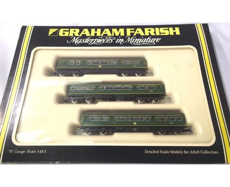 Graham Farish 8143 three car DMU Class 101, BR Green in excellent condition, missing front couplings, box is good. P&amp;P Gr