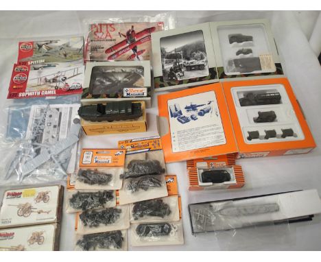 Selection of Military related items including Airfix kits - Spitfire x2 and Camel, Airfix DUKW, Roco Minitanks, Skytrex boat 
