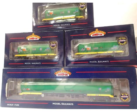 Four Bachmann tankers; 38-111, 100 ton bogie tea BP Green, 37-575N, 37-575P, 37575Q, 45 ton jet aviation fuel - Model Rail Ex