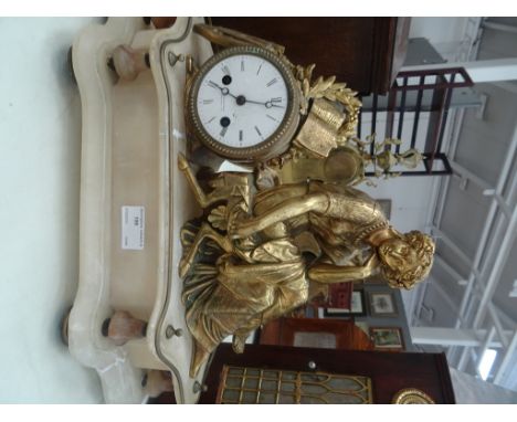 A 19th century gilt metal and alabaster French mantel clock with Neo-Classical maiden seated with a lyre & sheet music