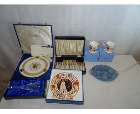 A miniature Wedgwood Jasperware tea service; together with other items of Wedgwood, a cased Litchfield Cathedral plate and ca