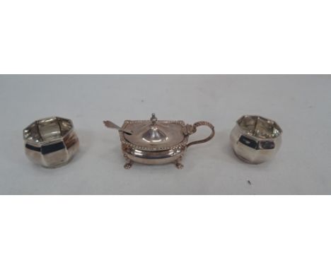 A pair of HM silver octagonal salts by Mappin & Webb; together with a HM silver glass-lined mustard pot with trefid spoon