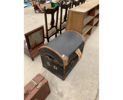 A VINTAGE LEATHER DOME TOPPED TRUNK/ TRAVEL CHEST 