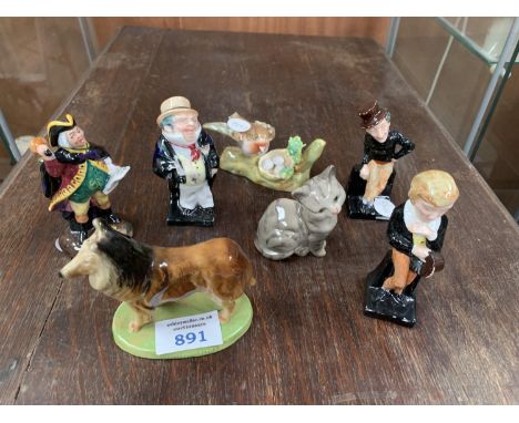 SEVEN CERAMIC MODELS TO INCLUDE ROYAL DOULTON, 'DAVID COPPERFIELD', 'JINGLE', 'CAPTAIN CUTTLE' ,  'TOWN CRIER' AND A BESWICK 