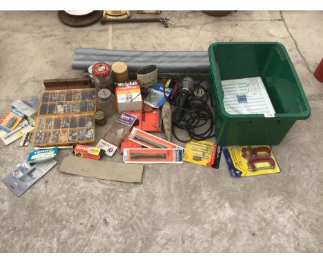 A LOT OF SCREWS, BOLTS, WASHERS, NAILS, TINS,HACKSAW BLADES,INSPECTION LAMP, INSULATION TUBES ETC 