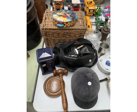 A MIXED GROUP OF ITEMS - CHAD VALLEY TAMBOURINE, PICNIC BASKET, RIDING HAT, GAVEL ETC 