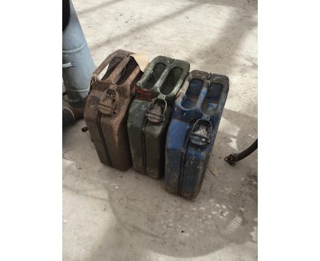 THREE VINTAGE METAL JERRY CANS TO INCLUDE A COMBAT GAS F-46 
