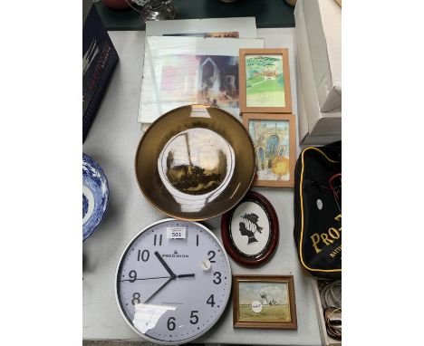 VARIOUS SMALL FRAMED PICTURES, WALL CLOCK ETC 