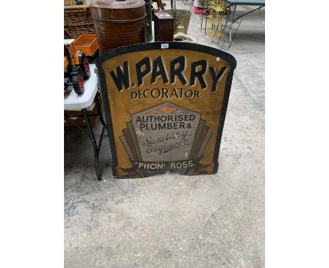 A LARGE WOODEN 'W.PARRY DECORATOR' VINTAGE SIGN 
